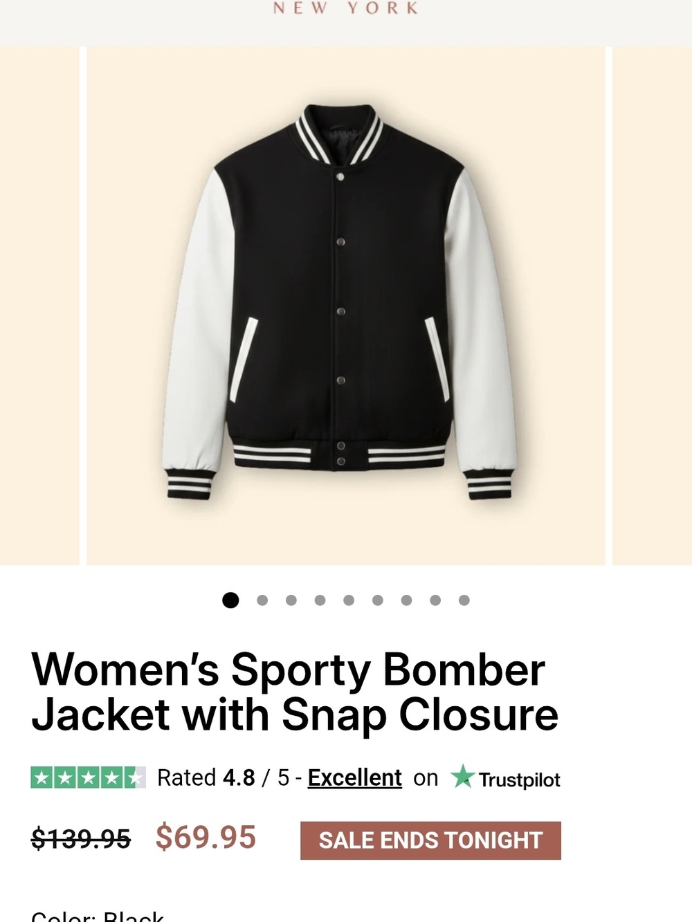 Women’s Black and White Varsity Bomber Jacket with Snap Front. One Size XL, & S